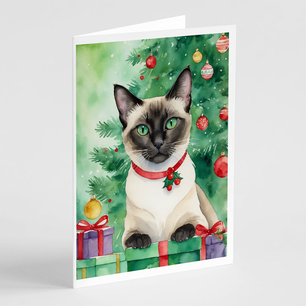 Siamese Cat By the Christmas Tree Greeting Cards Pack of 8 Blank Cards with Envelopes Whimsical A7 Size 5x7