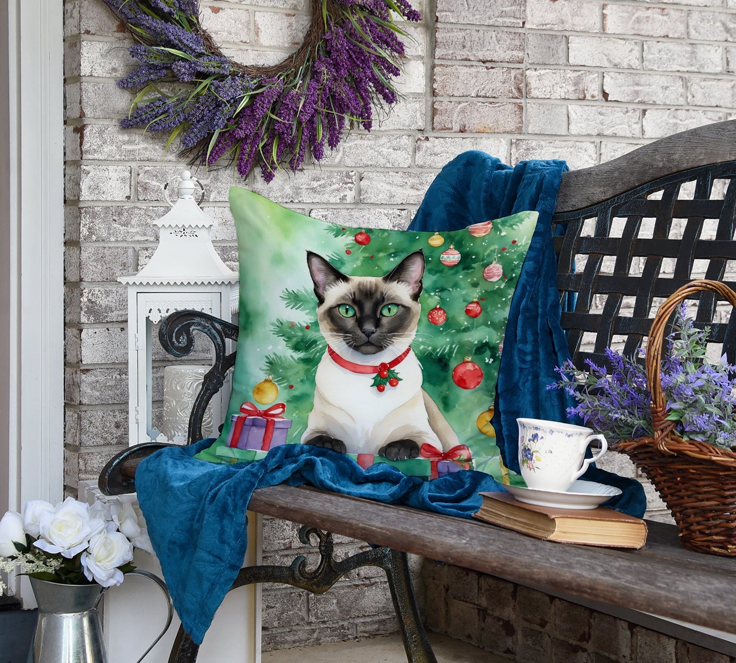 Siamese Cat By the Christmas Tree Decorative Throw Pillow 18x18 Indoor Outdoor Accent Cushion, Fabric Cover with Insert for Sofa, Bed, Porch & Living Room