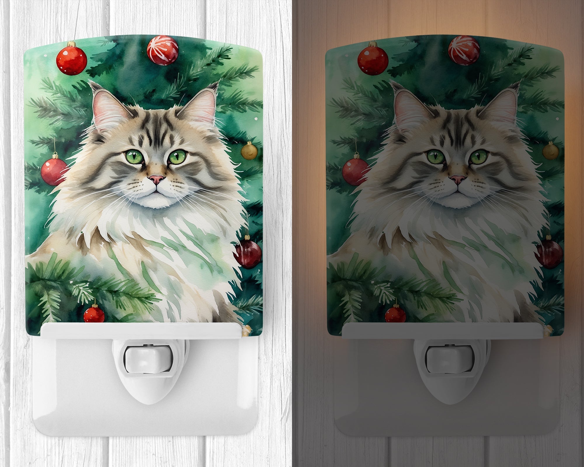 Siberian Cat By the Christmas Tree Ceramic Night Light Compact, UL-Certified, Ideal for Bedroom, Bathroom, Nursery, Hallway, Kitchen, 6x4x3, Multicolor