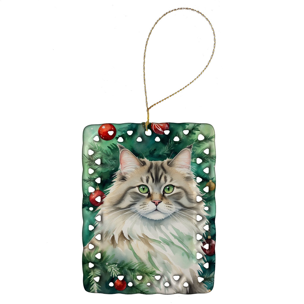 Siberian Cat By the Christmas Tree Porcelain Ornament Christmas Tree Hanging Decorations for Home Christmas Holiday, Rectangle, Gift, Multicolor