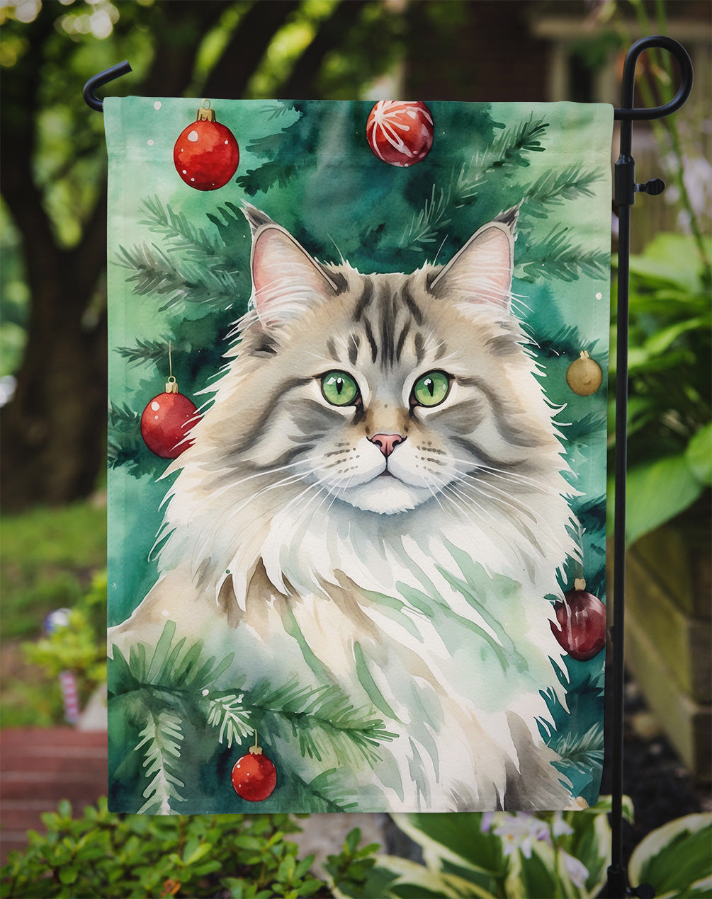 Siberian Cat By the Christmas Tree Garden Flag Mailbox Decorative Yard Banner Outside Patio Artwork for Flower Beds, Garden Size, Multicolor