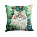Siberian Cat By the Christmas Tree Decorative Throw Pillow 14x14 Indoor Outdoor Accent Cushion, Fabric Cover with Insert for Sofa, Bed, Porch & Living Room