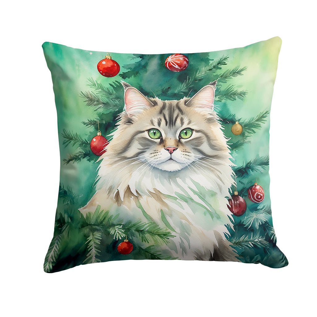 Siberian Cat By the Christmas Tree Decorative Throw Pillow 18x18 Indoor Outdoor Accent Cushion, Fabric Cover with Insert for Sofa, Bed, Porch & Living Room