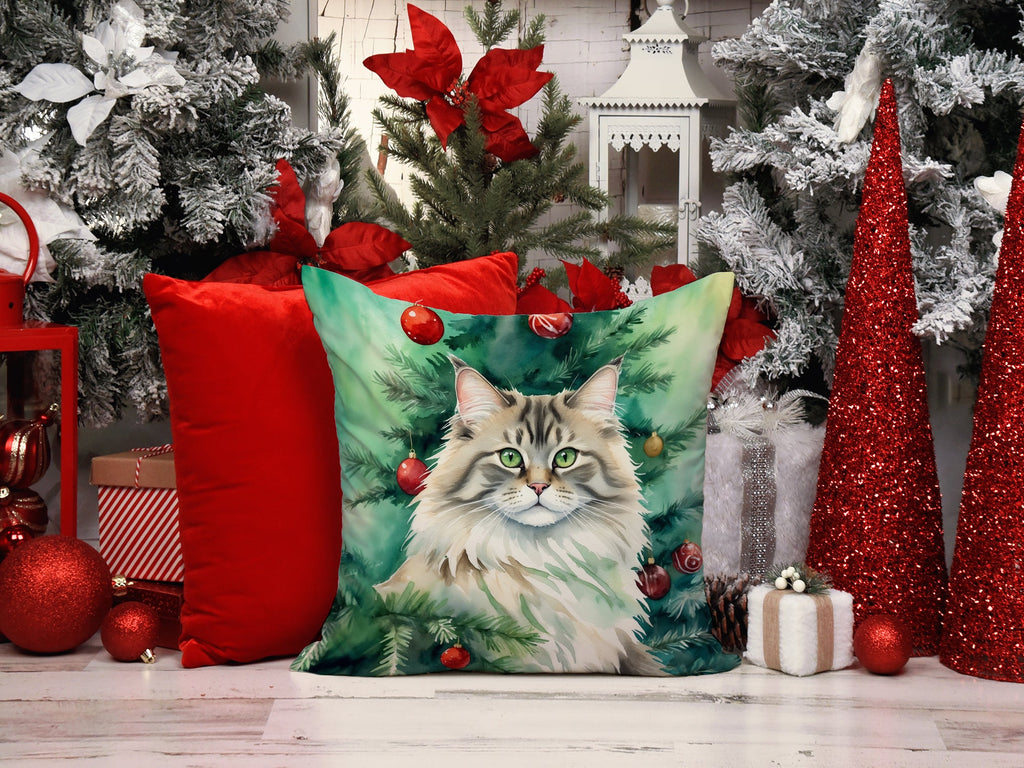 Siberian Cat By the Christmas Tree Decorative Throw Pillow 18x18 Indoor Outdoor Accent Cushion, Fabric Cover with Insert for Sofa, Bed, Porch & Living Room