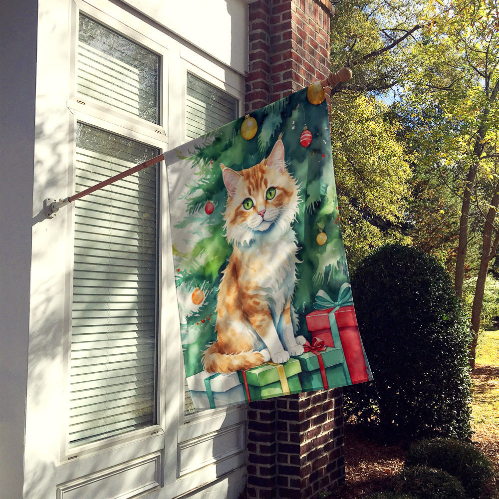 Skookum Cat By the Christmas Tree House Flag 28x40 Porch Sleeve Pole Decorative Outside Yard Banner Artwork Wall Hanging, Polyester