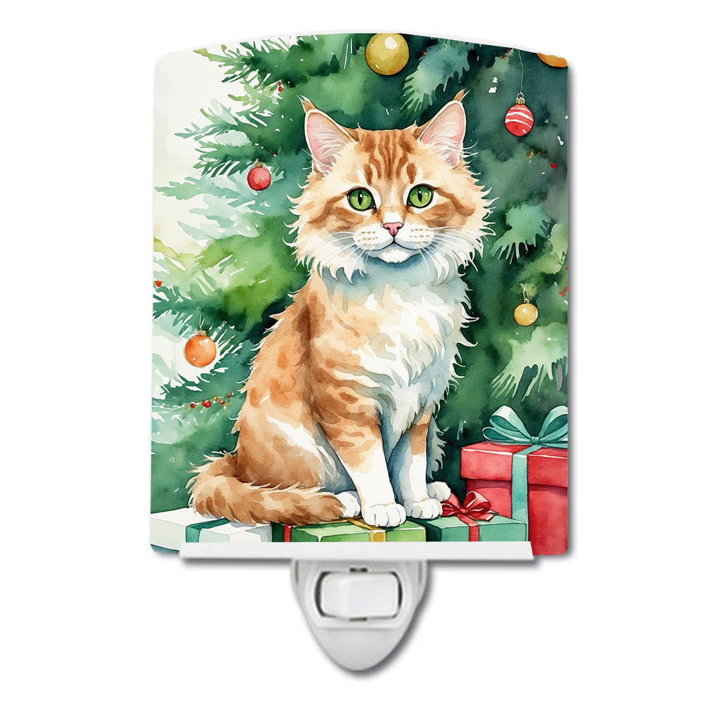 Skookum Cat By the Christmas Tree Ceramic Night Light Compact, UL-Certified, Ideal for Bedroom, Bathroom, Nursery, Hallway, Kitchen, 6x4x3, Multicolor