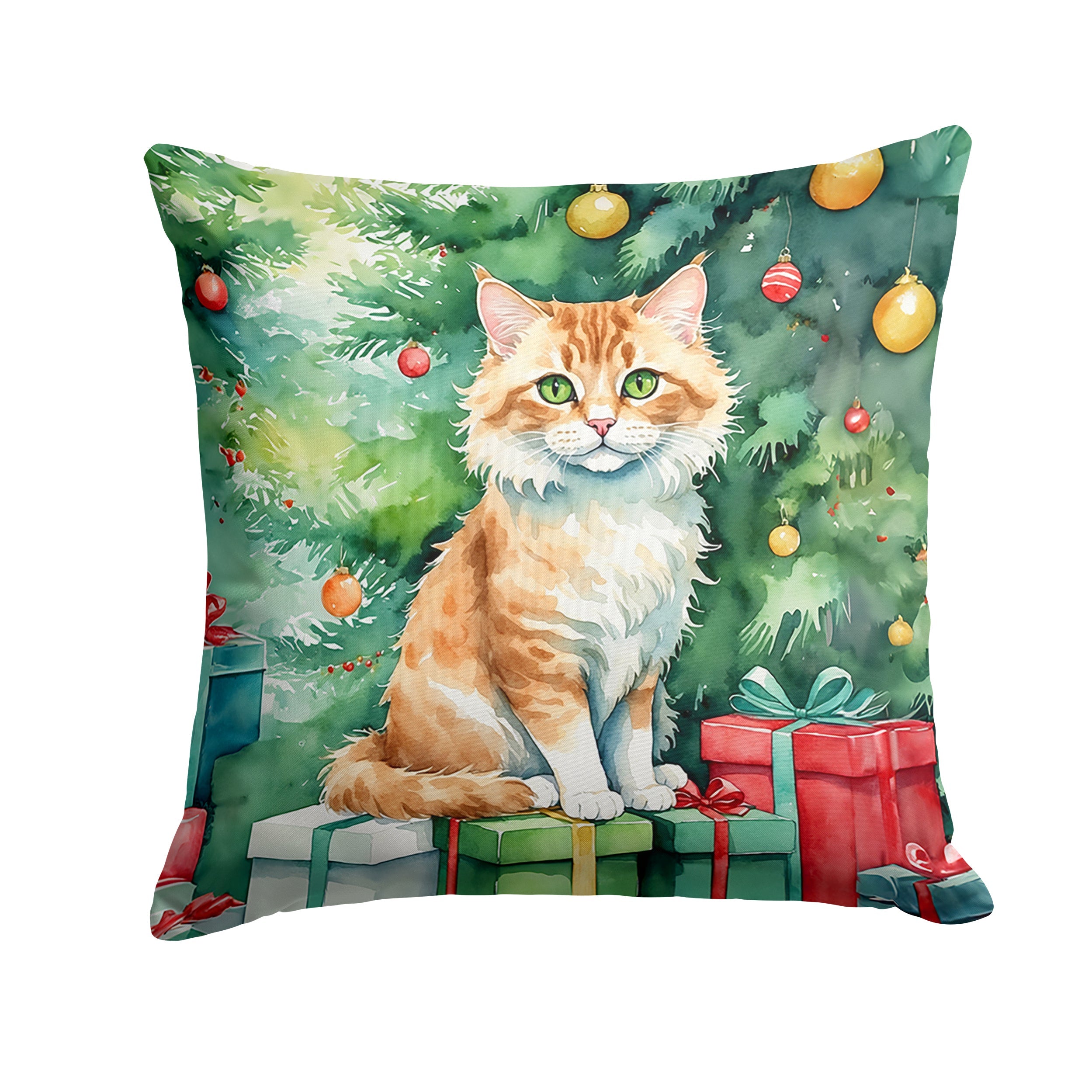 Skookum Cat By the Christmas Tree Decorative Throw Pillow 18x18 Indoor Outdoor Accent Cushion, Fabric Cover with Insert for Sofa, Bed, Porch & Living Room