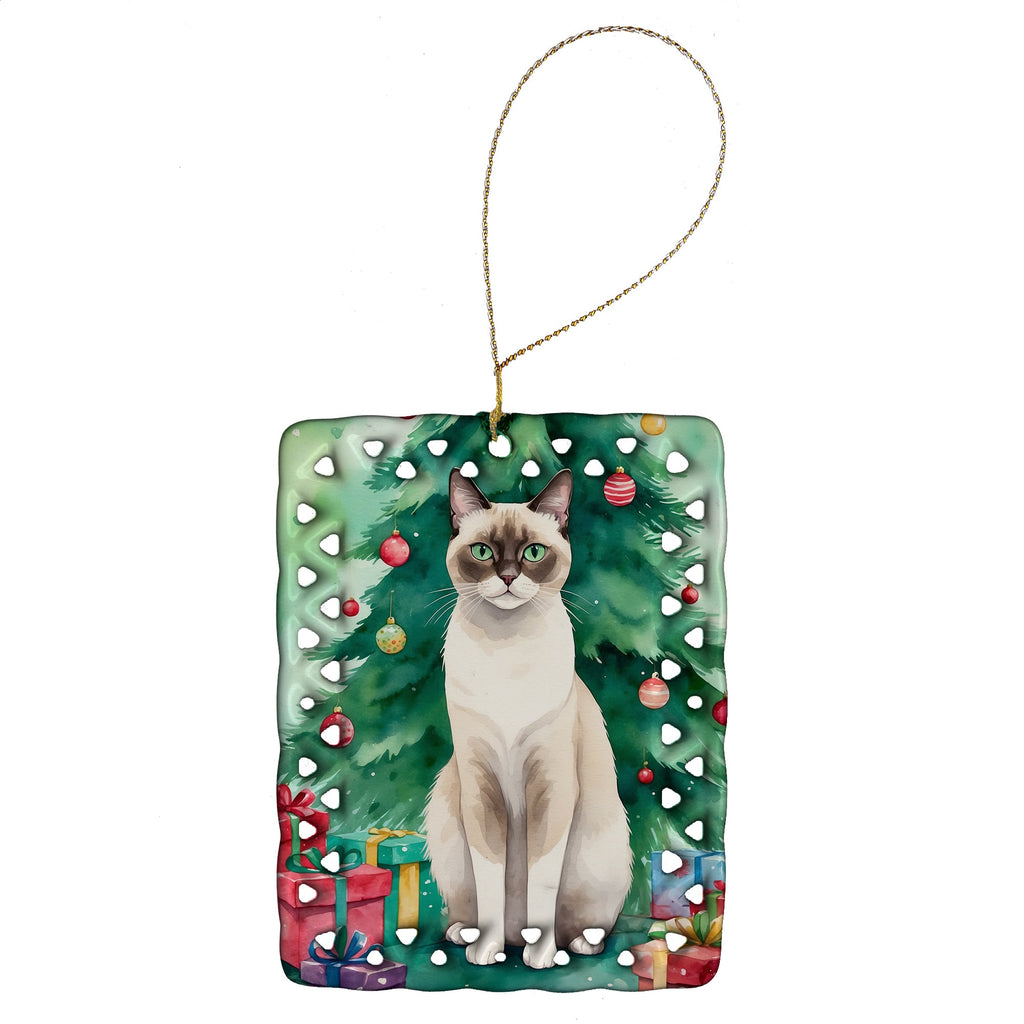 Snowshoe Cat By the Christmas Tree Porcelain Ornament Christmas Tree Hanging Decorations for Home Christmas Holiday, Rectangle, Gift, Multicolor