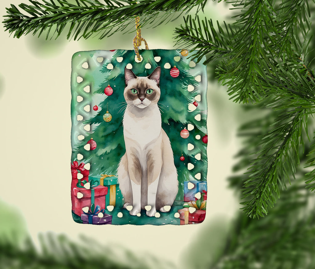 Snowshoe Cat By the Christmas Tree Porcelain Ornament Christmas Tree Hanging Decorations for Home Christmas Holiday, Rectangle, Gift, Multicolor