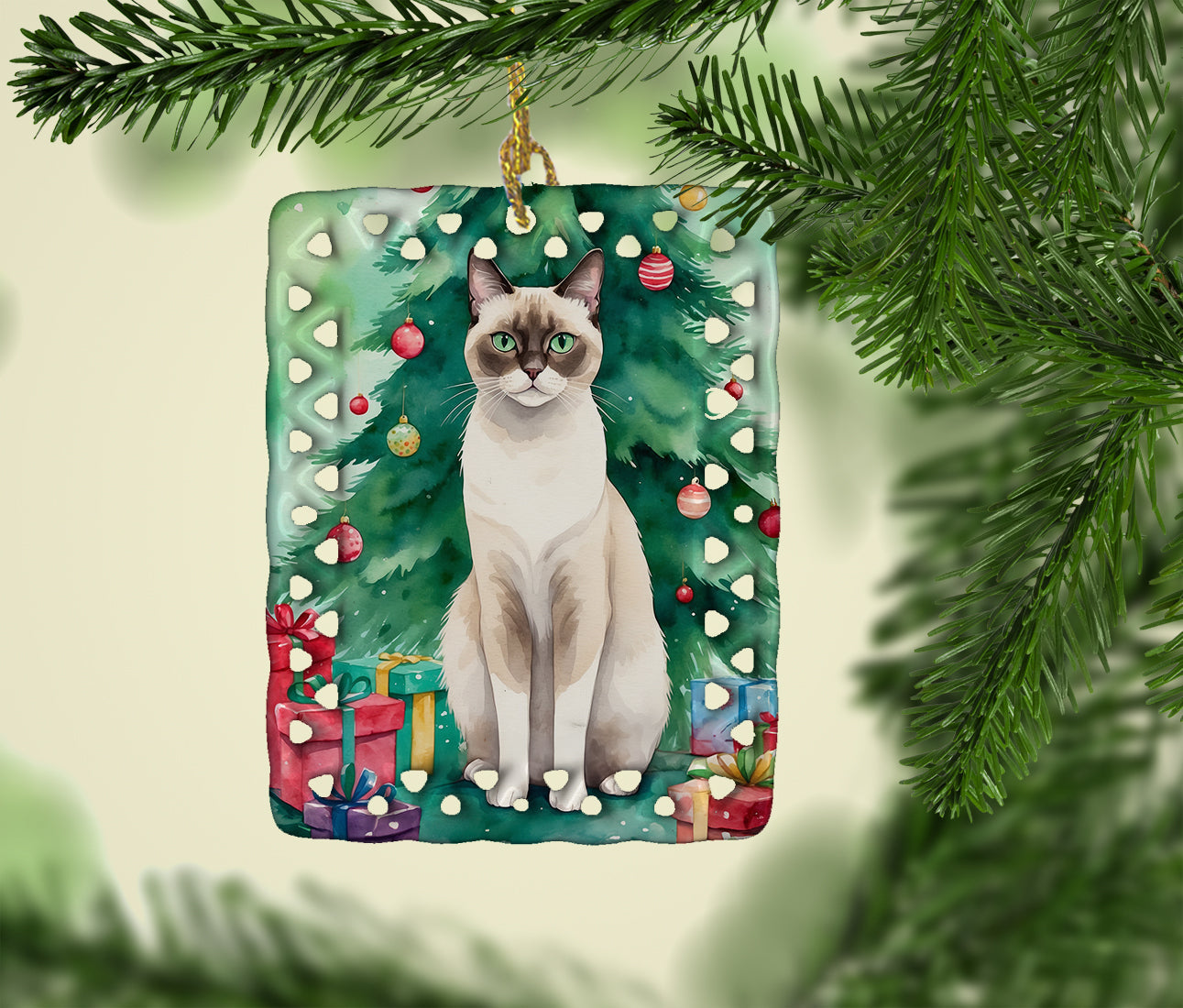 Snowshoe Cat By the Christmas Tree Porcelain Ornament Christmas Tree Hanging Decorations for Home Christmas Holiday, Rectangle, Gift, Multicolor