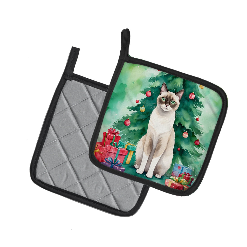 Snowshoe Cat By the Christmas Tree Pot Holder Set of 2 Heat Resistant Quilted Hot Pads 7.5 x 7.5 Inch, Insulated Kitchen Trivets for Cooking & Baking