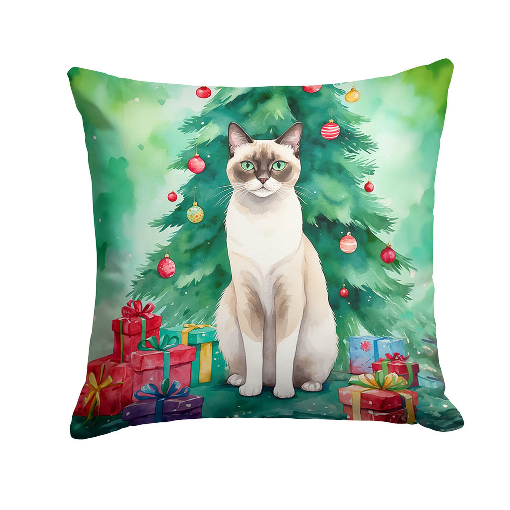 Snowshoe Cat By the Christmas Tree Decorative Throw Pillow 14x14 Indoor Outdoor Accent Cushion, Fabric Cover with Insert for Sofa, Bed, Porch & Living Room