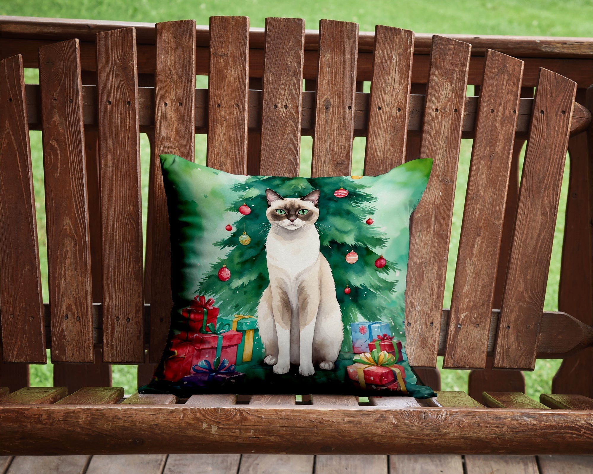 Snowshoe Cat By the Christmas Tree Decorative Throw Pillow 14x14 Indoor Outdoor Accent Cushion, Fabric Cover with Insert for Sofa, Bed, Porch & Living Room