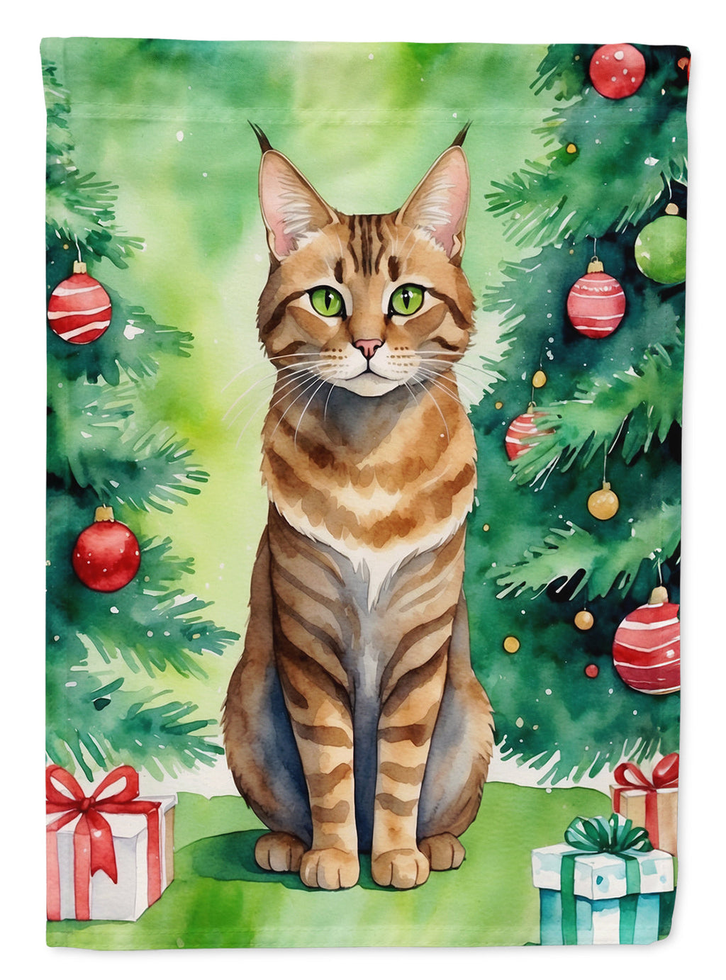 Sokoke Cat By the Christmas Tree House Flag 28x40 Porch Sleeve Pole Decorative Outside Yard Banner Artwork Wall Hanging, Polyester