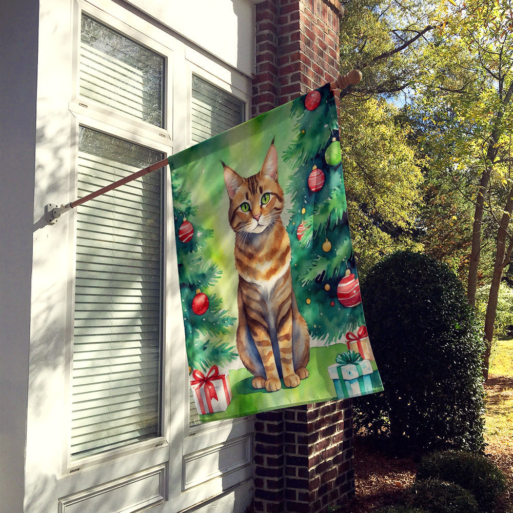 Sokoke Cat By the Christmas Tree House Flag 28x40 Porch Sleeve Pole Decorative Outside Yard Banner Artwork Wall Hanging, Polyester