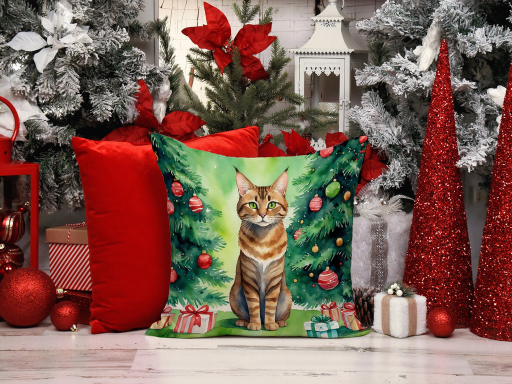 Sokoke Cat By the Christmas Tree Decorative Throw Pillow 18x18 Indoor Outdoor Accent Cushion, Fabric Cover with Insert for Sofa, Bed, Porch & Living Room