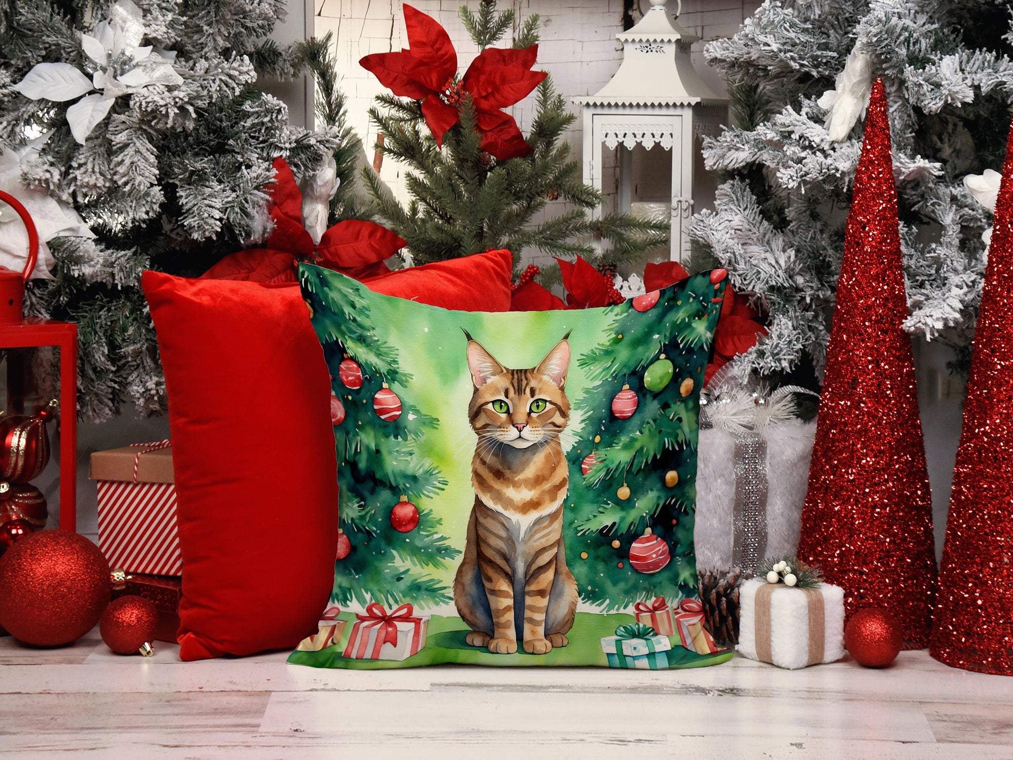 Sokoke Cat By the Christmas Tree Decorative Throw Pillow 18x18 Indoor Outdoor Accent Cushion, Fabric Cover with Insert for Sofa, Bed, Porch & Living Room
