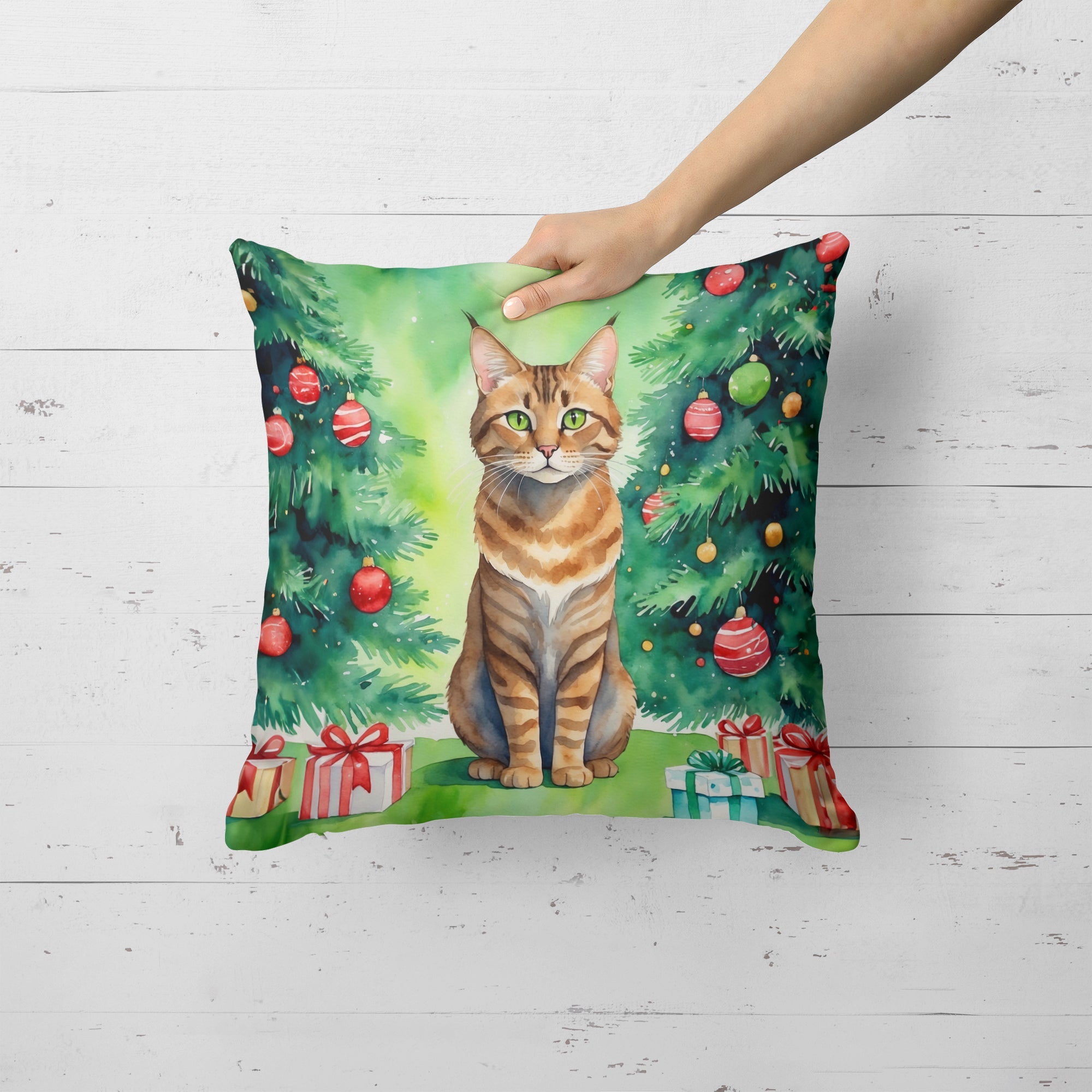 Sokoke Cat By the Christmas Tree Decorative Throw Pillow 18x18 Indoor Outdoor Accent Cushion, Fabric Cover with Insert for Sofa, Bed, Porch & Living Room