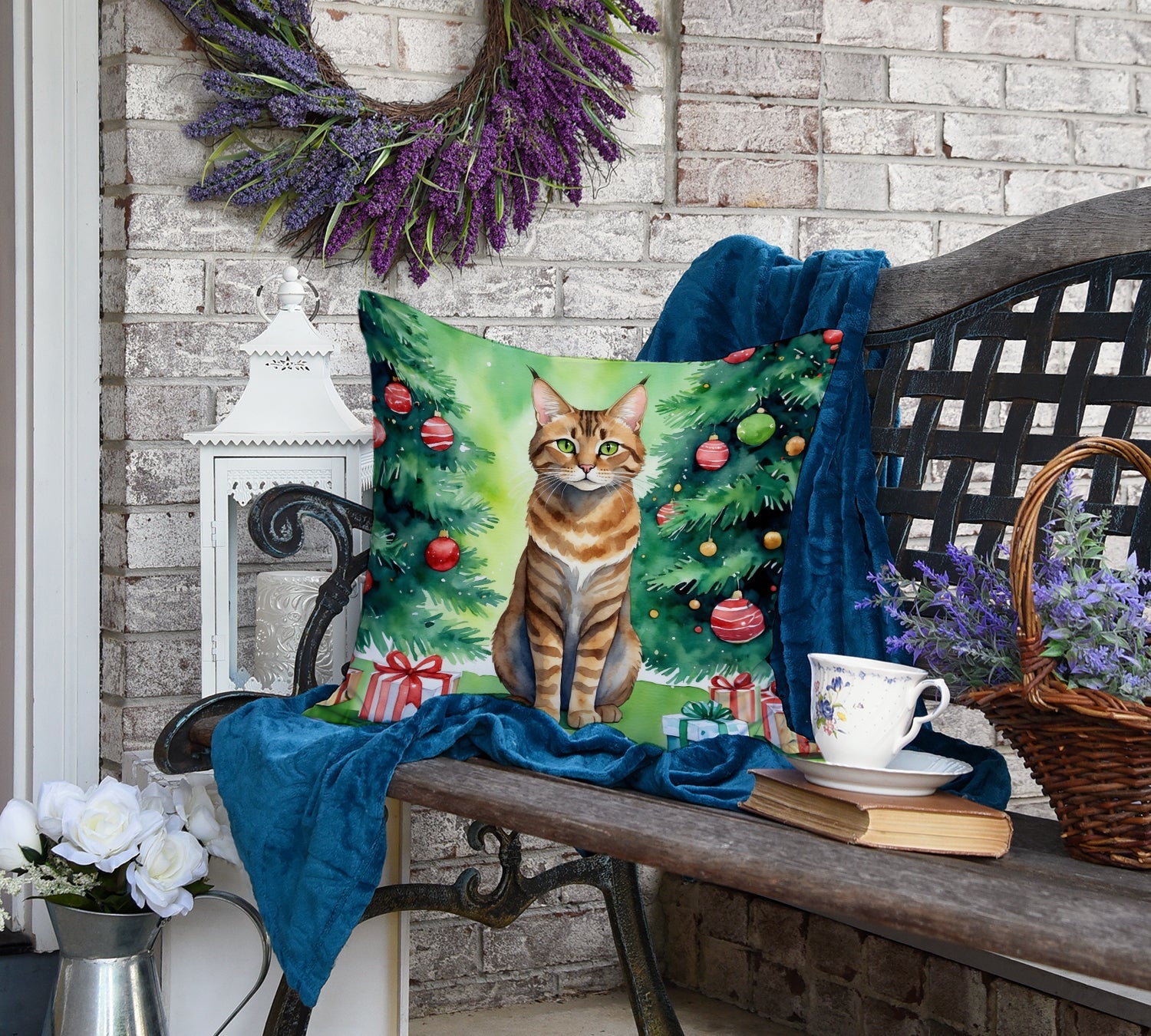 Sokoke Cat By the Christmas Tree Decorative Throw Pillow 18x18 Indoor Outdoor Accent Cushion, Fabric Cover with Insert for Sofa, Bed, Porch & Living Room