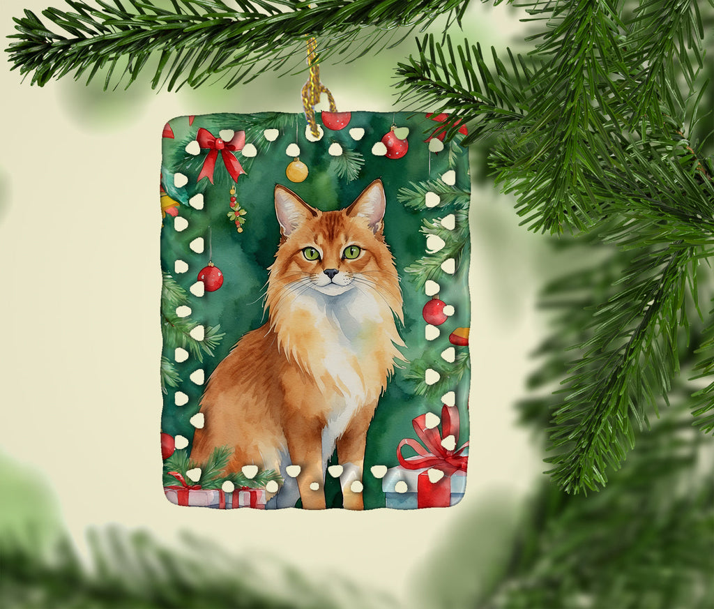 Somali Cat By the Christmas Tree Porcelain Ornament Christmas Tree Hanging Decorations for Home Christmas Holiday, Rectangle, Gift, Multicolor