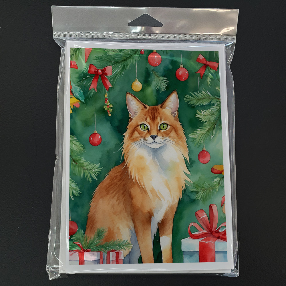 Somali Cat By the Christmas Tree Greeting Cards Pack of 8 Blank Cards with Envelopes Whimsical A7 Size 5x7