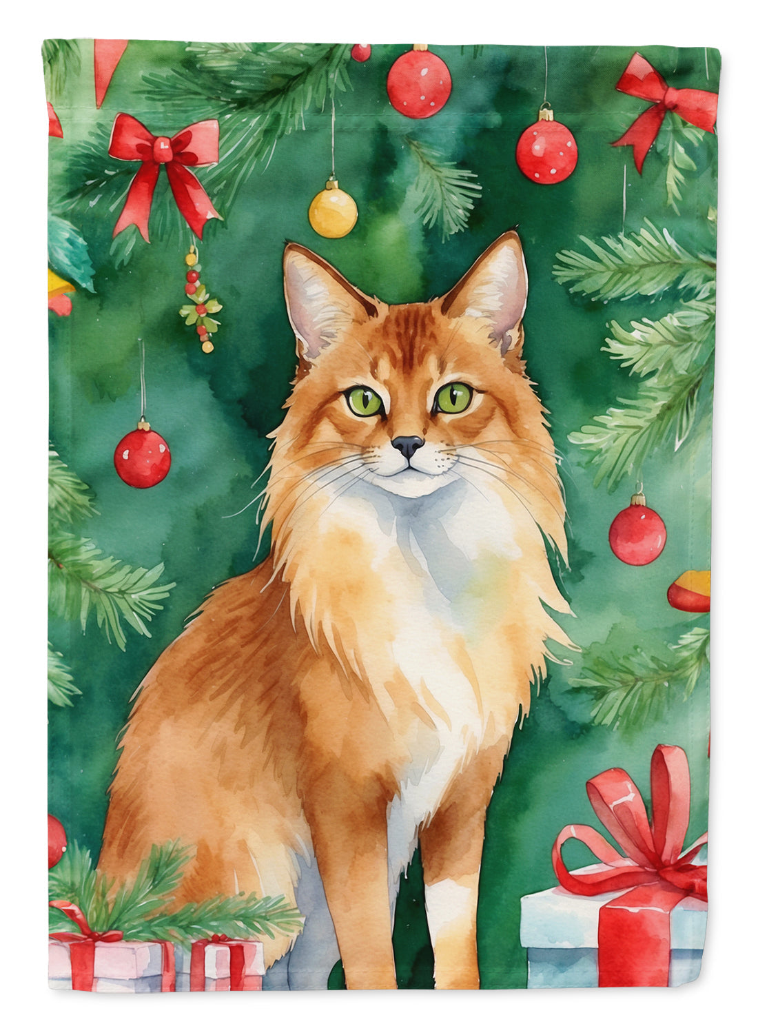 Somali Cat By the Christmas Tree Garden Flag Mailbox Decorative Yard Banner Outside Patio Artwork for Flower Beds, Garden Size, Multicolor