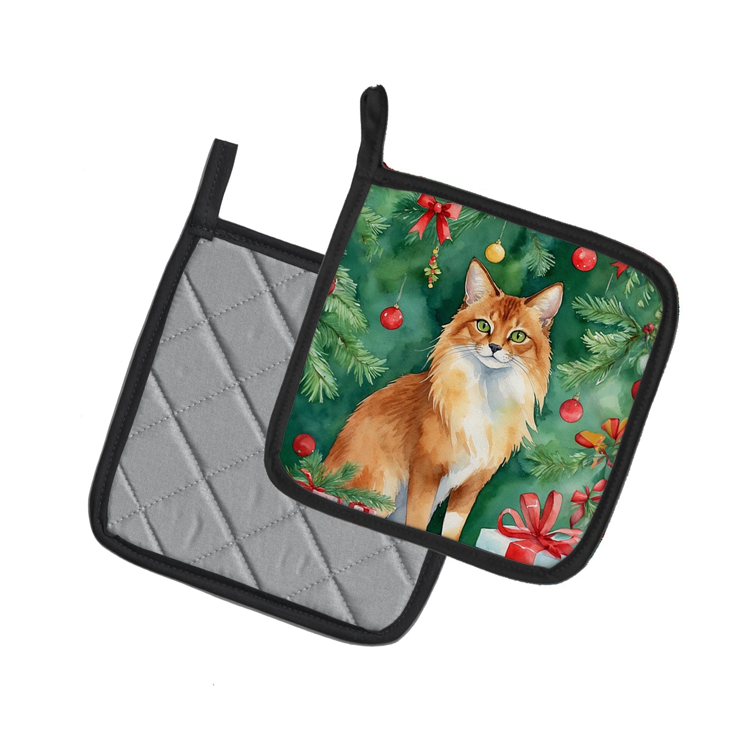 Somali Cat By the Christmas Tree Pot Holder Set of 2 Heat Resistant Quilted Hot Pads 7.5 x 7.5 Inch, Insulated Kitchen Trivets for Cooking & Baking