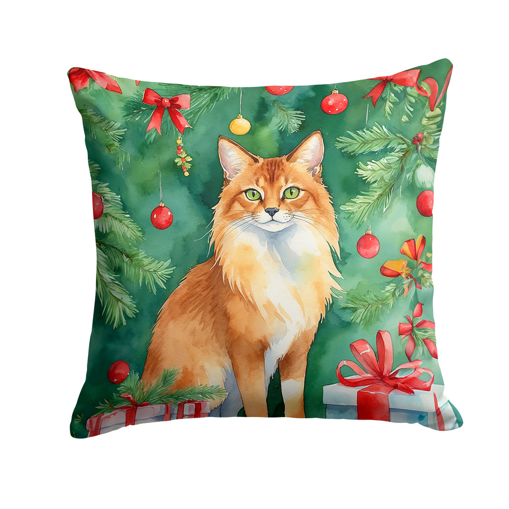 Somali Cat By the Christmas Tree Decorative Throw Pillow 18x18 Indoor Outdoor Accent Cushion, Fabric Cover with Insert for Sofa, Bed, Porch & Living Room