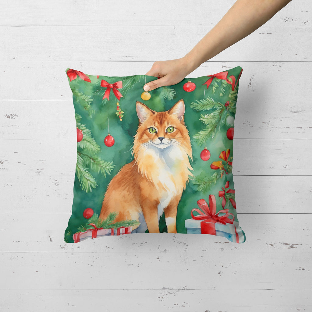 Somali Cat By the Christmas Tree Decorative Throw Pillow 18x18 Indoor Outdoor Accent Cushion, Fabric Cover with Insert for Sofa, Bed, Porch & Living Room
