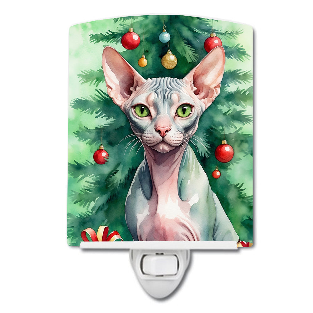 Sphynx Cat By the Christmas Tree Ceramic Night Light Compact, UL-Certified, Ideal for Bedroom, Bathroom, Nursery, Hallway, Kitchen, 6x4x3, Multicolor