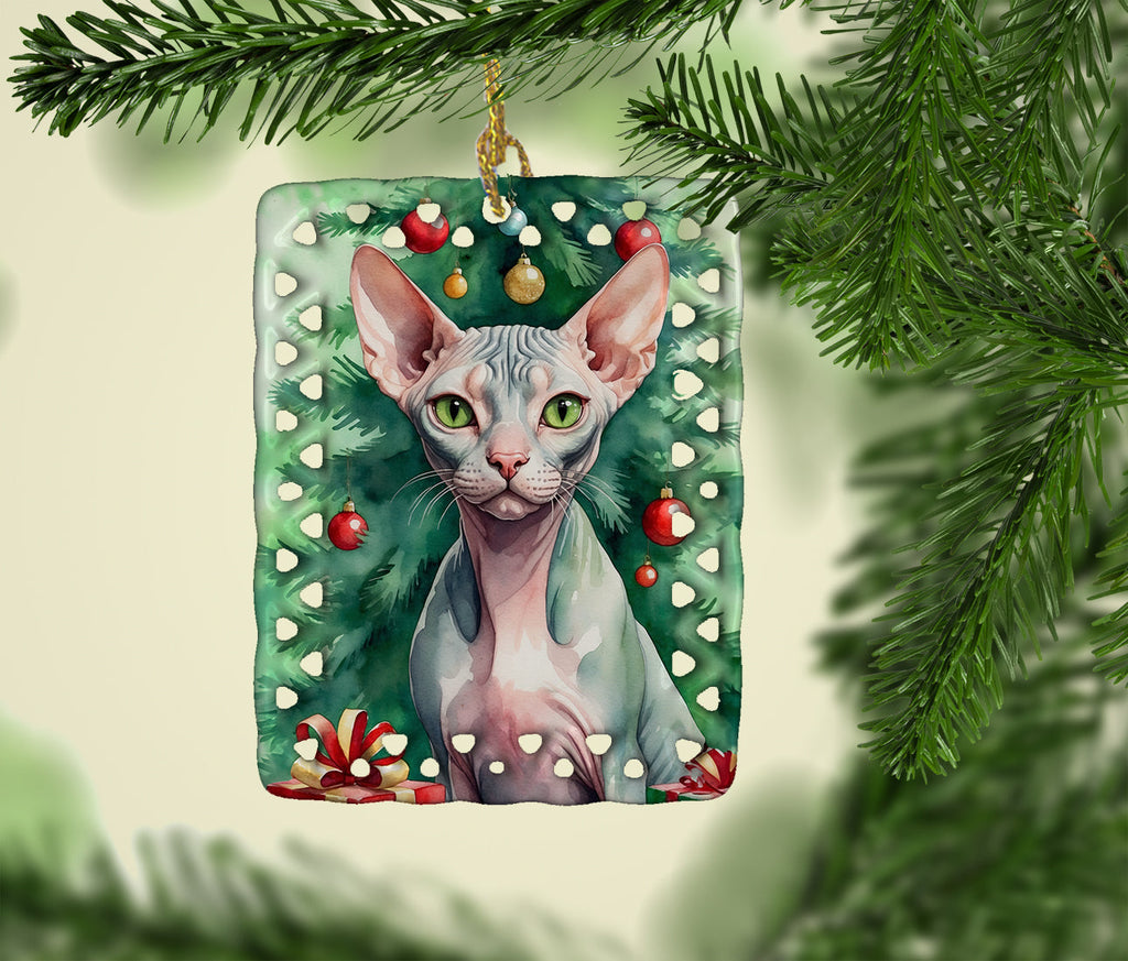 Sphynx Cat By the Christmas Tree Porcelain Ornament Christmas Tree Hanging Decorations for Home Christmas Holiday, Rectangle, Gift, Multicolor
