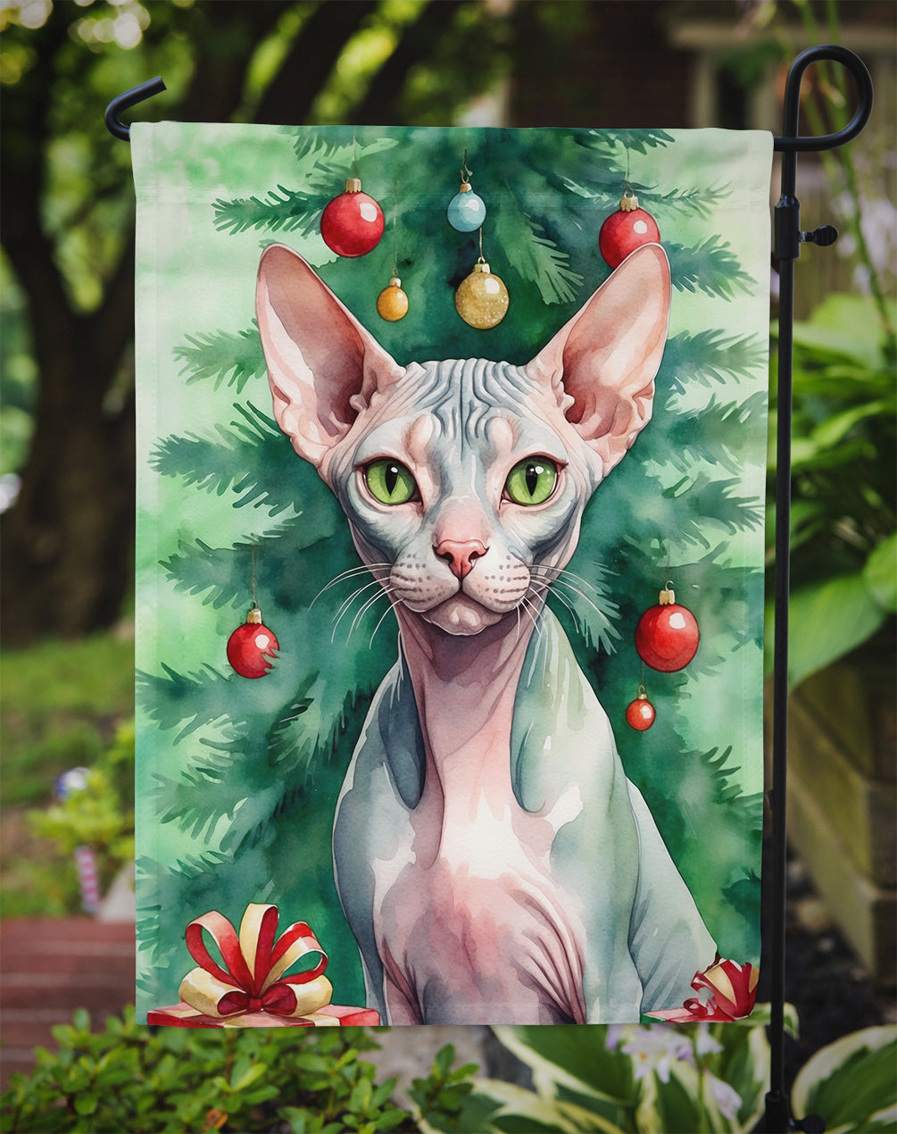 Sphynx Cat By the Christmas Tree Garden Flag Mailbox Decorative Yard Banner Outside Patio Artwork for Flower Beds, Garden Size, Multicolor