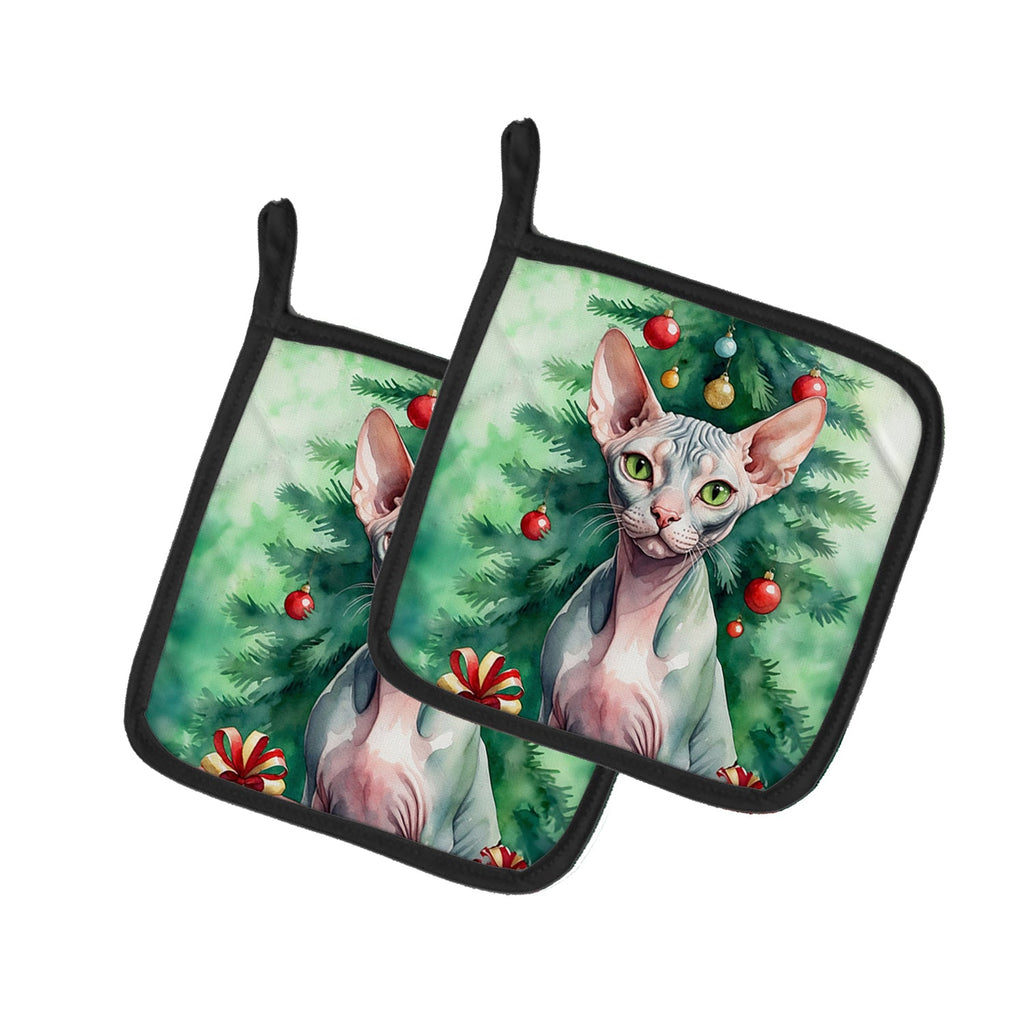 Sphynx Cat By the Christmas Tree Pot Holder Set of 2 Heat Resistant Quilted Hot Pads 7.5 x 7.5 Inch, Insulated Kitchen Trivets for Cooking & Baking