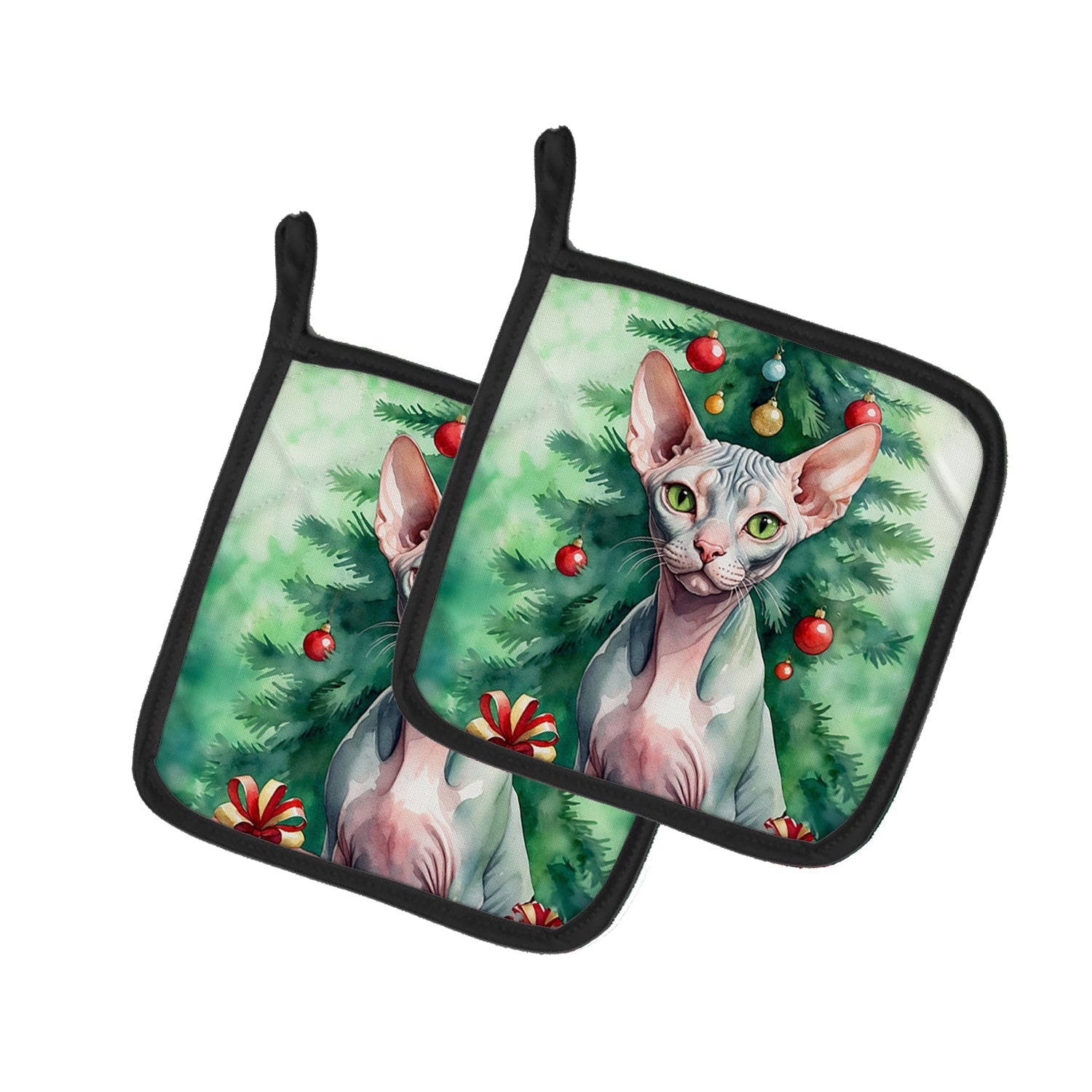 Sphynx Cat By the Christmas Tree Pot Holder Set of 2 Heat Resistant Quilted Hot Pads 7.5 x 7.5 Inch, Insulated Kitchen Trivets for Cooking & Baking