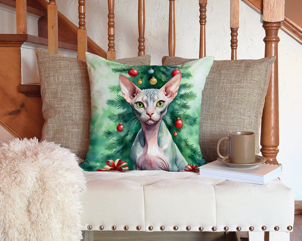 Sphynx Cat By the Christmas Tree Decorative Throw Pillow 14x14 Indoor Outdoor Accent Cushion, Fabric Cover with Insert for Sofa, Bed, Porch & Living Room