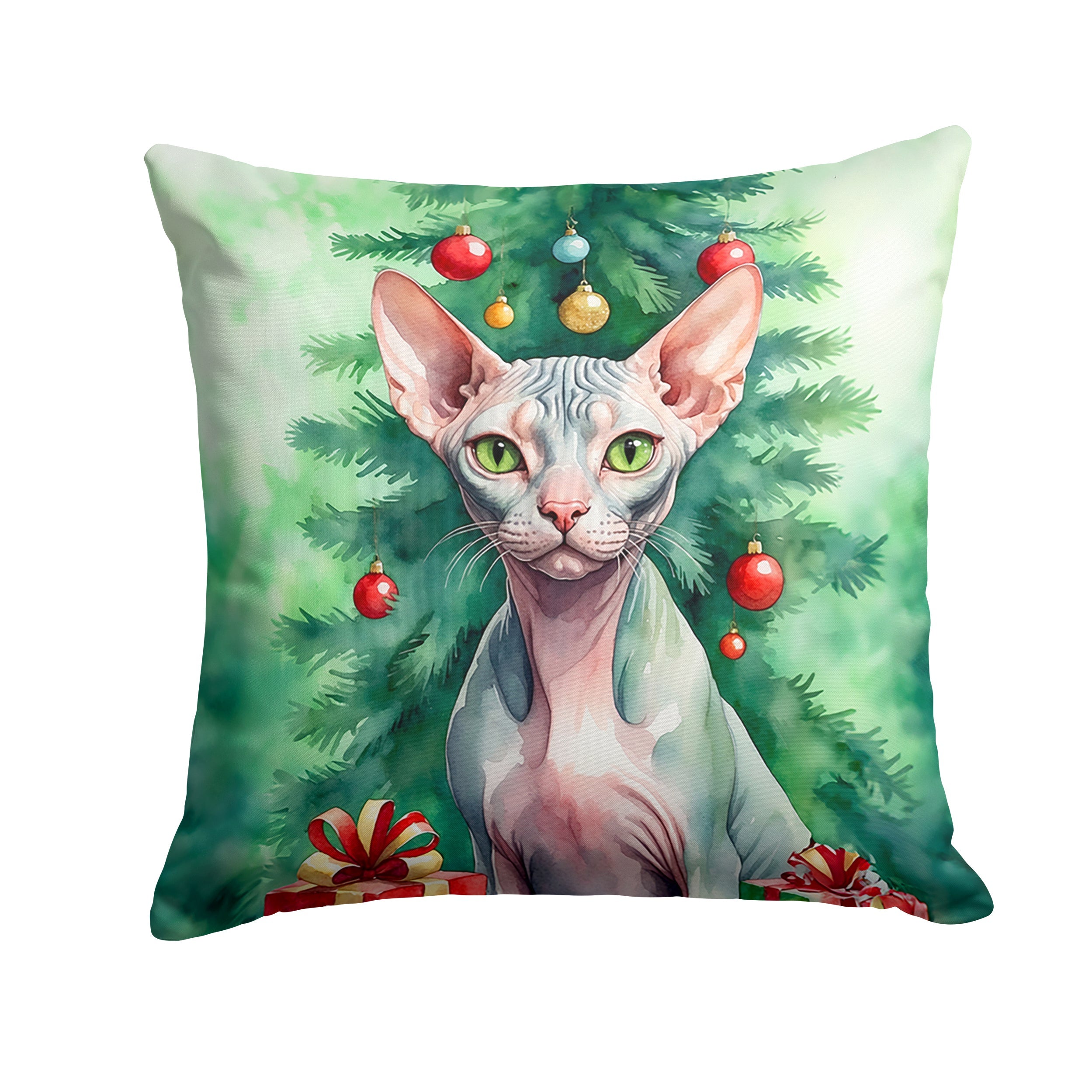 Sphynx Cat By the Christmas Tree Decorative Throw Pillow 18x18 Indoor Outdoor Accent Cushion, Fabric Cover with Insert for Sofa, Bed, Porch & Living Room