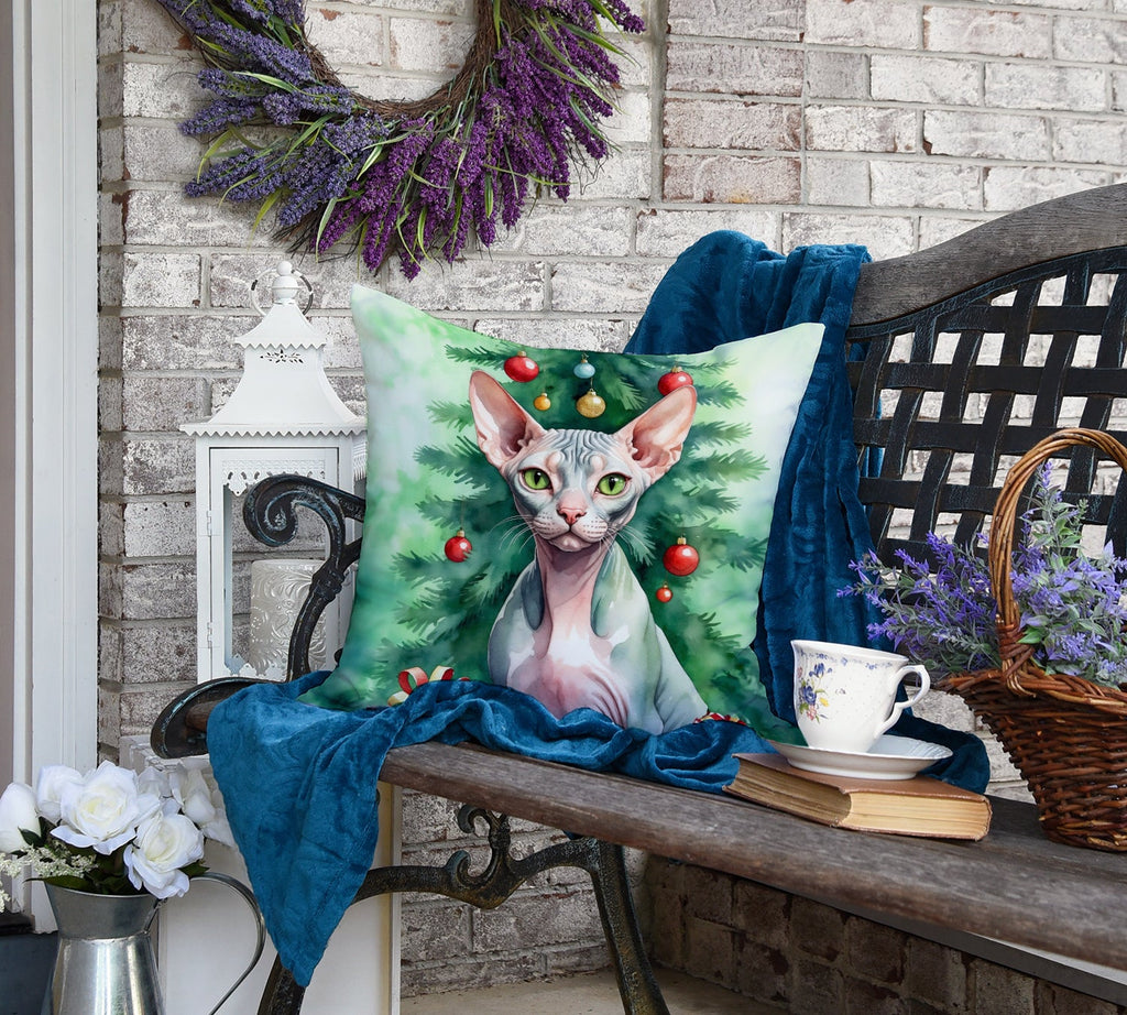 Sphynx Cat By the Christmas Tree Decorative Throw Pillow 18x18 Indoor Outdoor Accent Cushion, Fabric Cover with Insert for Sofa, Bed, Porch & Living Room