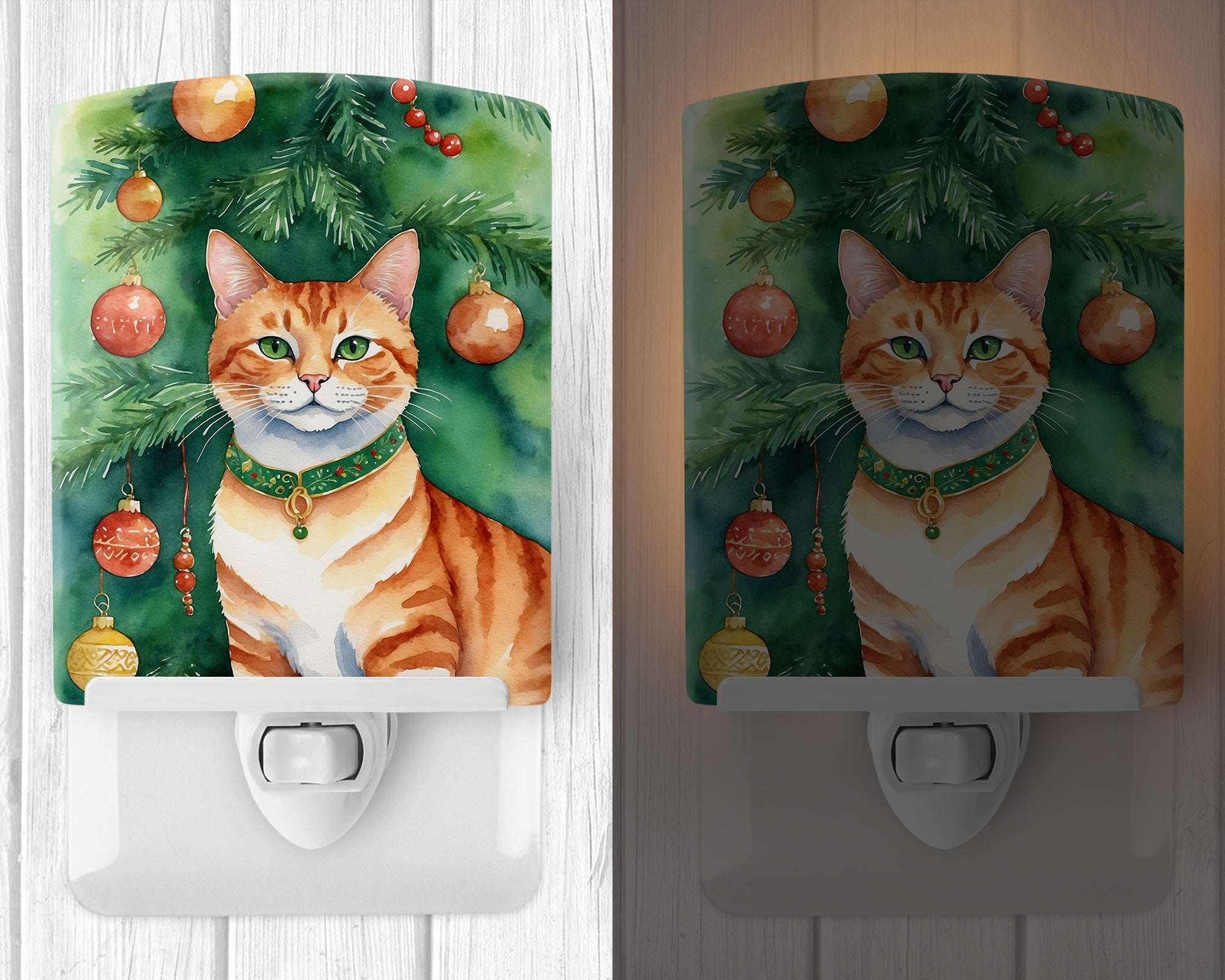 Suphalak Cat By the Christmas Tree Ceramic Night Light Compact, UL-Certified, Ideal for Bedroom, Bathroom, Nursery, Hallway, Kitchen, 6x4x3, Multicolor