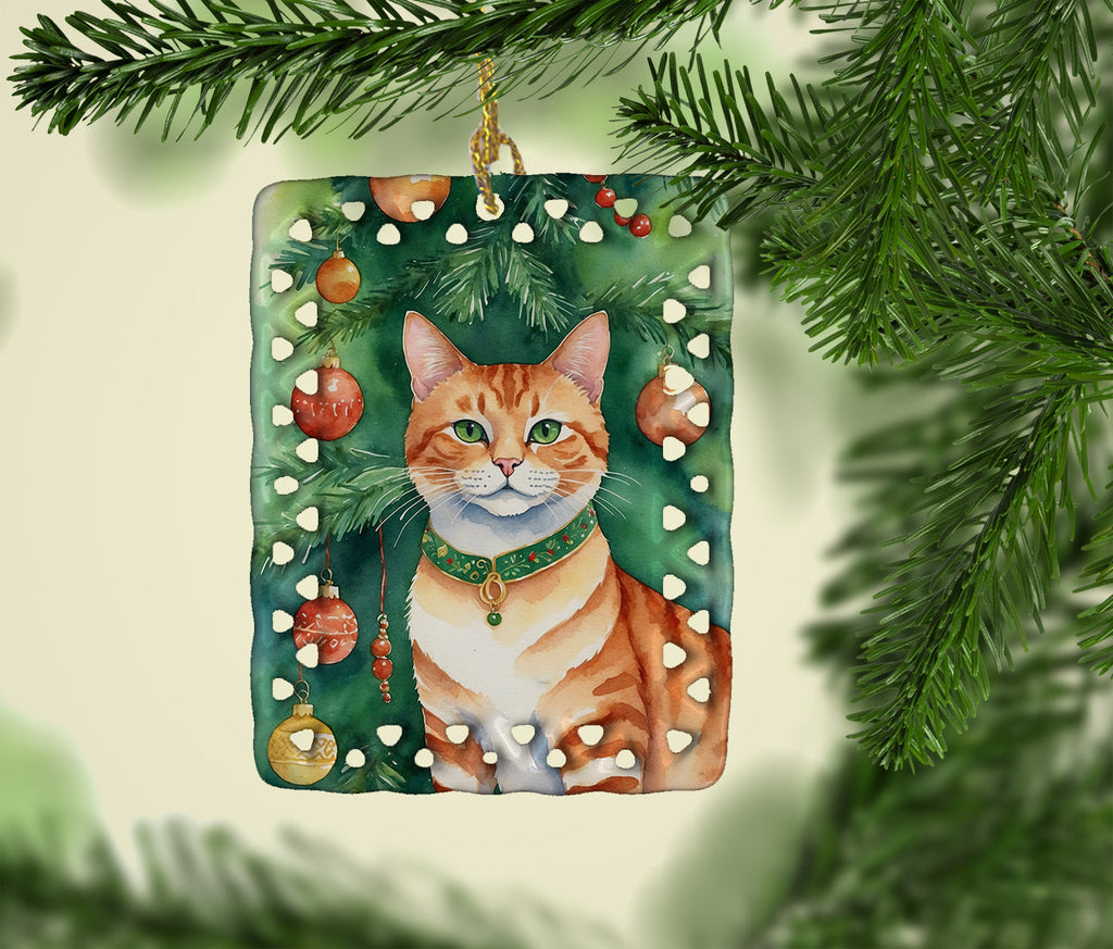 Suphalak Cat By the Christmas Tree Porcelain Ornament Christmas Tree Hanging Decorations for Home Christmas Holiday, Rectangle, Gift, Multicolor