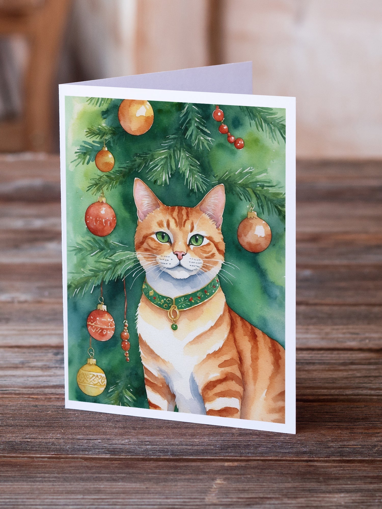 Suphalak Cat By the Christmas Tree Greeting Cards Pack of 8 Blank Cards with Envelopes Whimsical A7 Size 5x7