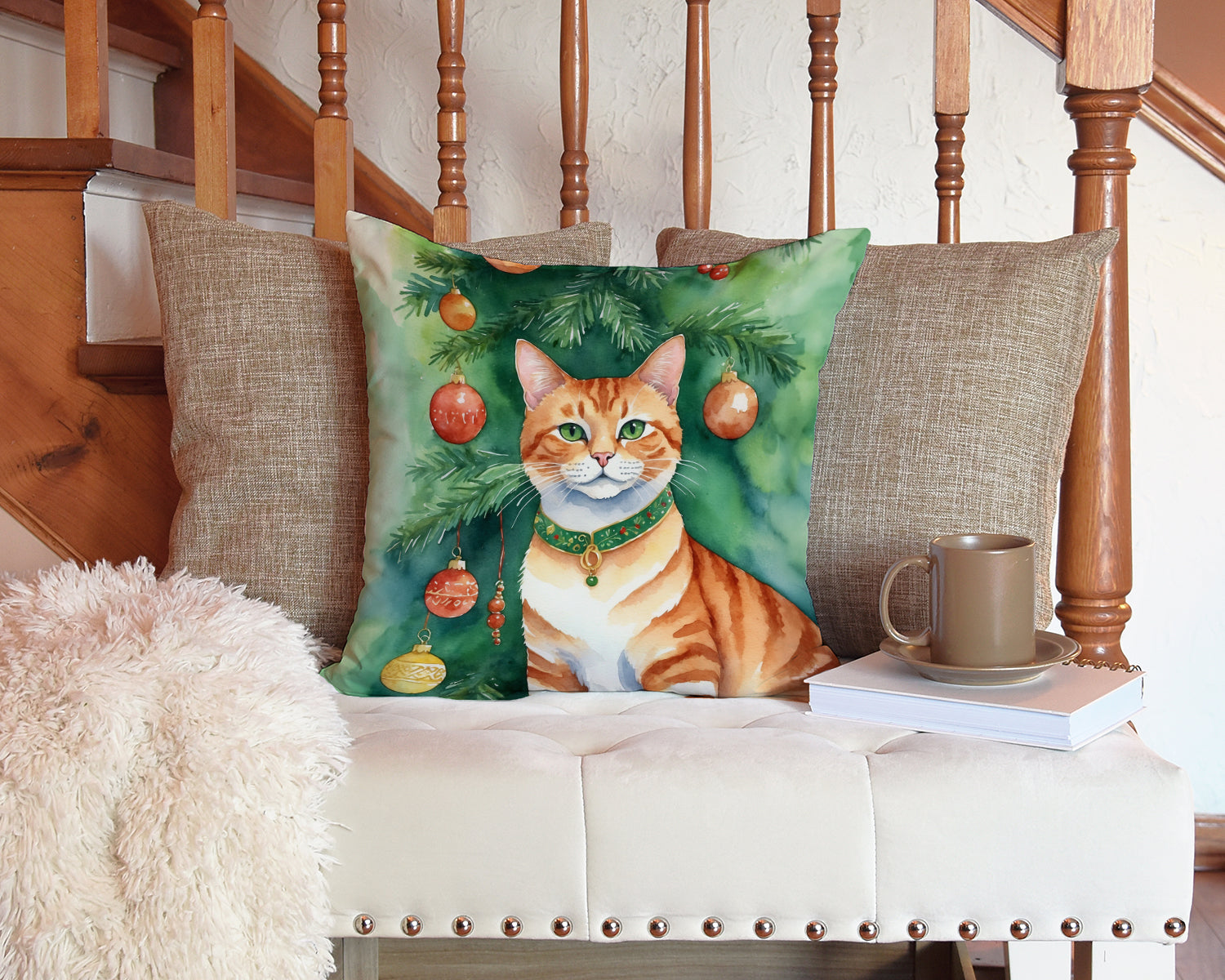 Suphalak Cat By the Christmas Tree Decorative Throw Pillow 14x14 Indoor Outdoor Accent Cushion, Fabric Cover with Insert for Sofa, Bed, Porch & Living Room