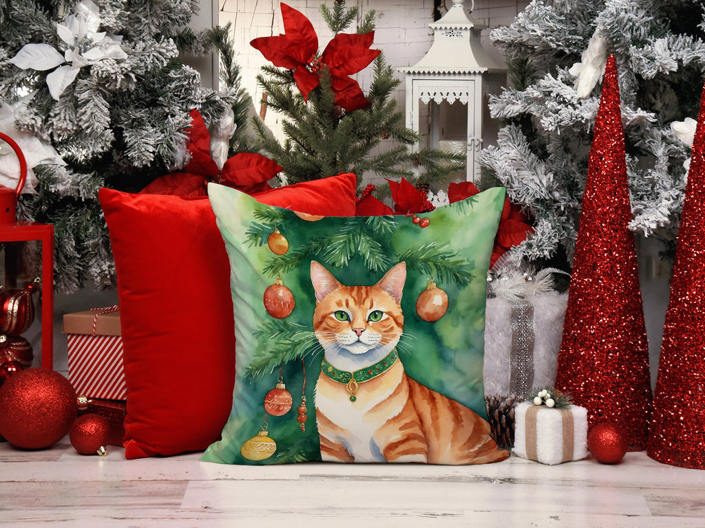 Suphalak Cat By the Christmas Tree Decorative Throw Pillow 18x18 Indoor Outdoor Accent Cushion, Fabric Cover with Insert for Sofa, Bed, Porch & Living Room