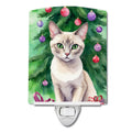 Thai Lilac Cat By the Christmas Tree Ceramic Night Light Compact, UL-Certified, Ideal for Bedroom, Bathroom, Nursery, Hallway, Kitchen, 6x4x3, Multicolor