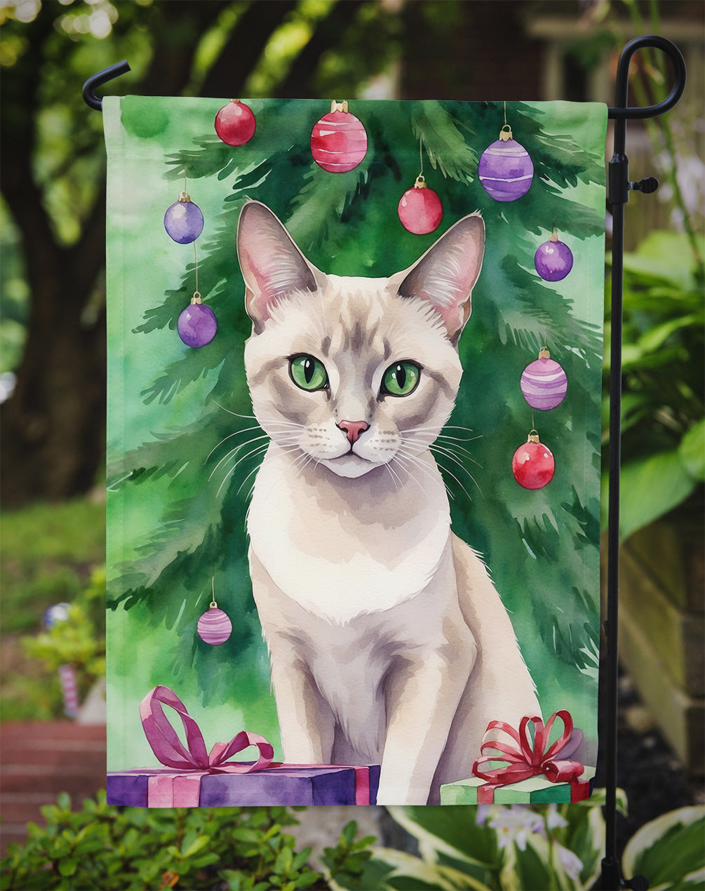Thai Lilac Cat By the Christmas Tree Garden Flag Mailbox Decorative Yard Banner Outside Patio Artwork for Flower Beds, Garden Size, Multicolor