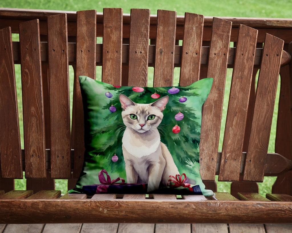 Thai Lilac Cat By the Christmas Tree Decorative Throw Pillow 14x14 Indoor Outdoor Accent Cushion, Fabric Cover with Insert for Sofa, Bed, Porch & Living Room
