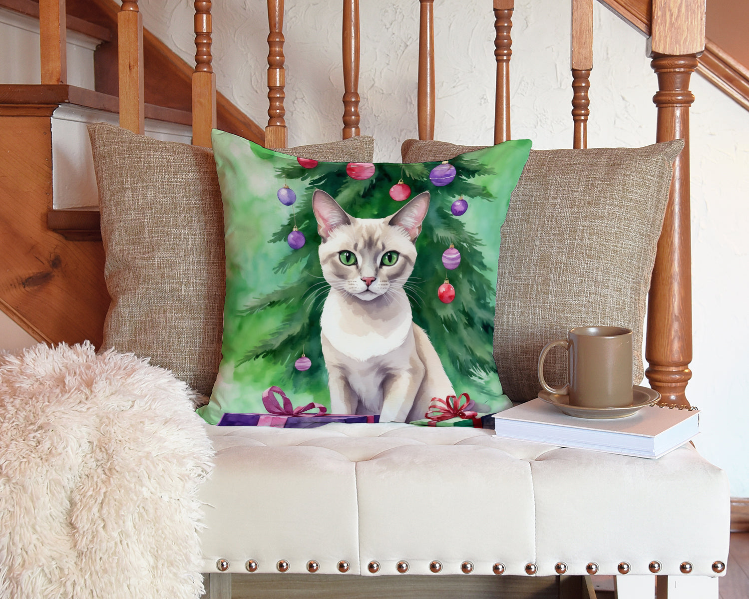 Thai Lilac Cat By the Christmas Tree Decorative Throw Pillow 14x14 Indoor Outdoor Accent Cushion, Fabric Cover with Insert for Sofa, Bed, Porch & Living Room