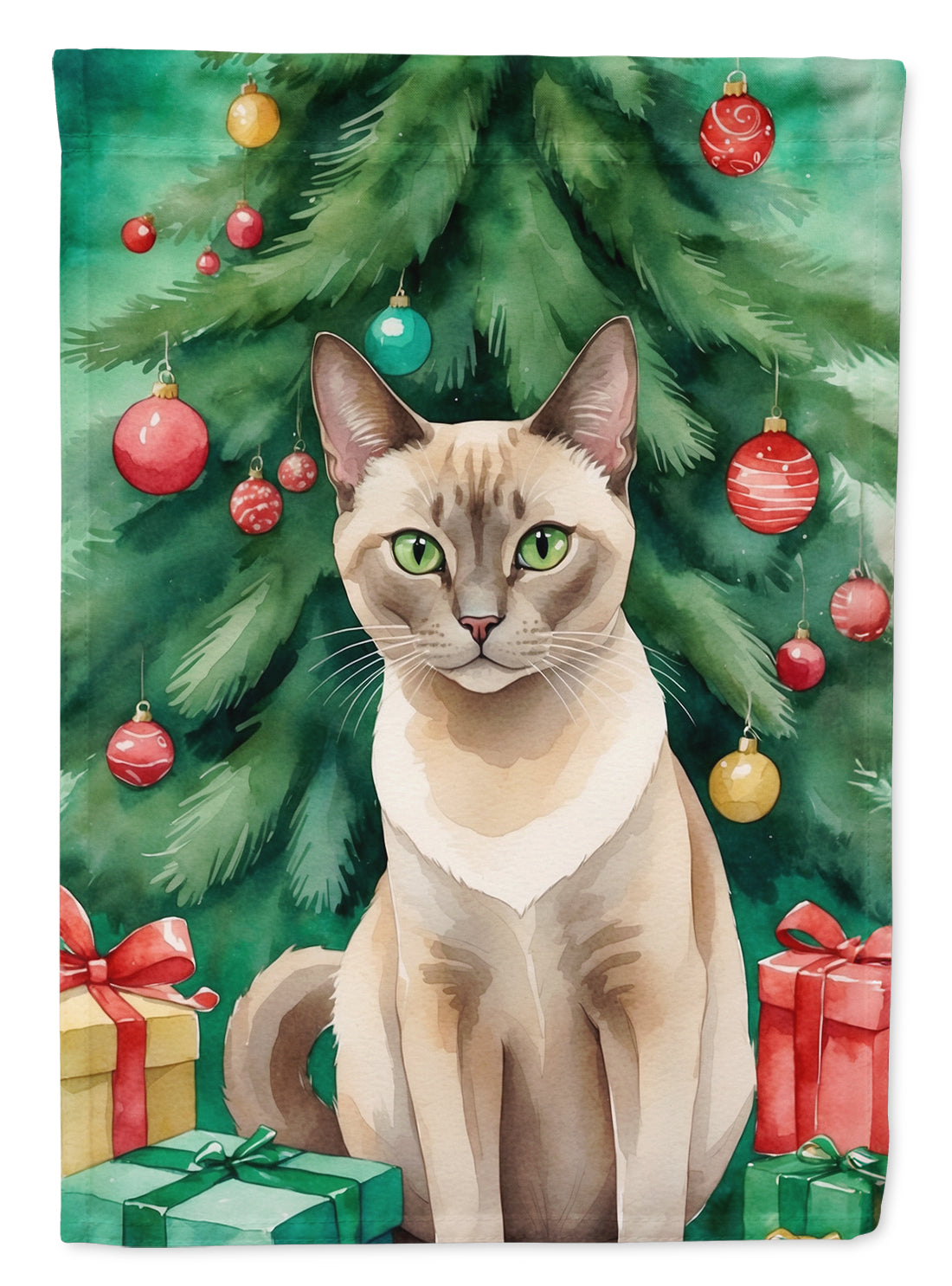 Tonkinese Cat By the Christmas Tree House Flag 28x40 Porch Sleeve Pole Decorative Outside Yard Banner Artwork Wall Hanging, Polyester