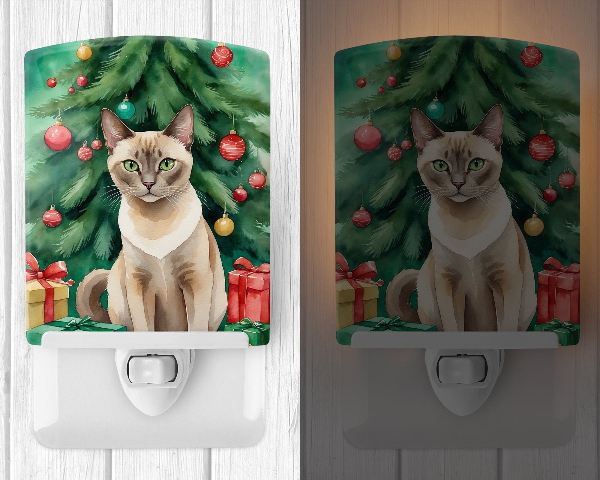 Tonkinese Cat By the Christmas Tree Ceramic Night Light Compact, UL-Certified, Ideal for Bedroom, Bathroom, Nursery, Hallway, Kitchen, 6x4x3, Multicolor