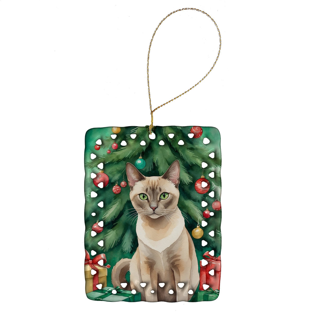 Tonkinese Cat By the Christmas Tree Porcelain Ornament Christmas Tree Hanging Decorations for Home Christmas Holiday, Rectangle, Gift, Multicolor
