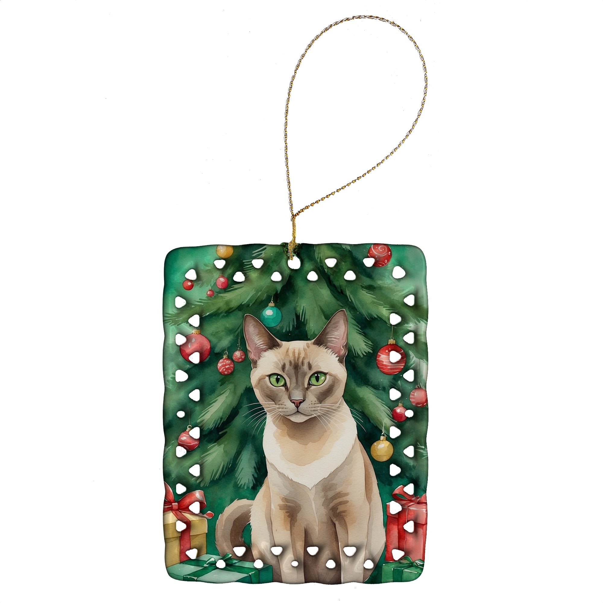 Tonkinese Cat By the Christmas Tree Porcelain Ornament Christmas Tree Hanging Decorations for Home Christmas Holiday, Rectangle, Gift, Multicolor